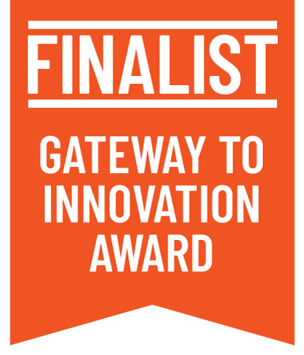 Orange flag that reads Finalist - Gateway To Innovation Award